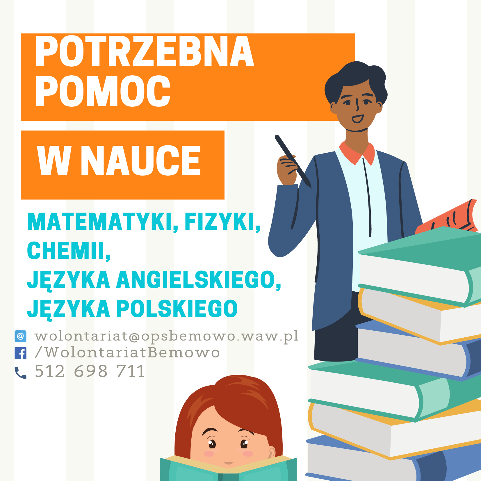 Ogłoszenie dla kandydatów na wolontariuszy. Wolontariat dotyczy pomocy dzieciom i młodzieży w nauce. – odnośnik do strony ochotnicy.waw.pl